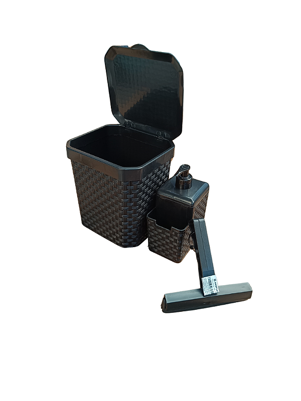 KIT LIXEIRA RATTAN PRETA 5L + PORTA DETERGENTE + RODO DE PIA KIT COM 3 PÇS