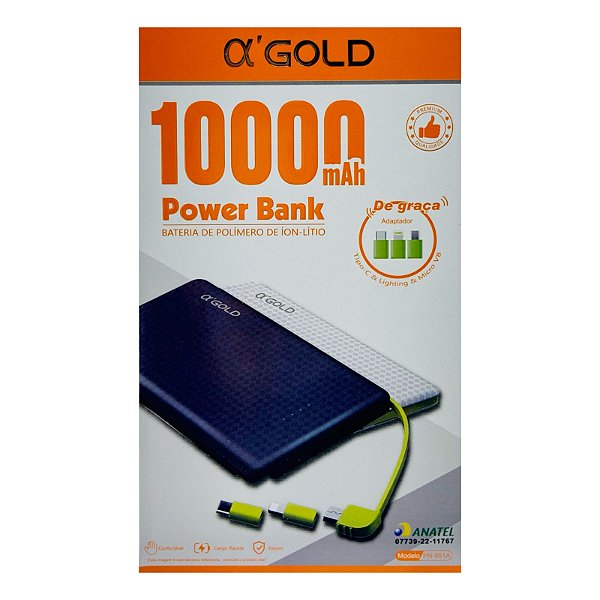 Carregador Portátil A'Gold 10.000 mAh Com Cabo Agregado PN-951A (POWERPN951