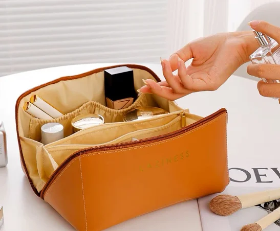 Bolsa Necessaire Feminino Cosmético De Couro PU De Grande Capacidade Portátil Viagem