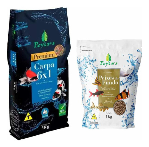 Ração Carpa 6x1 3kg + Ração Peixes De Fundo 1kg Poytara