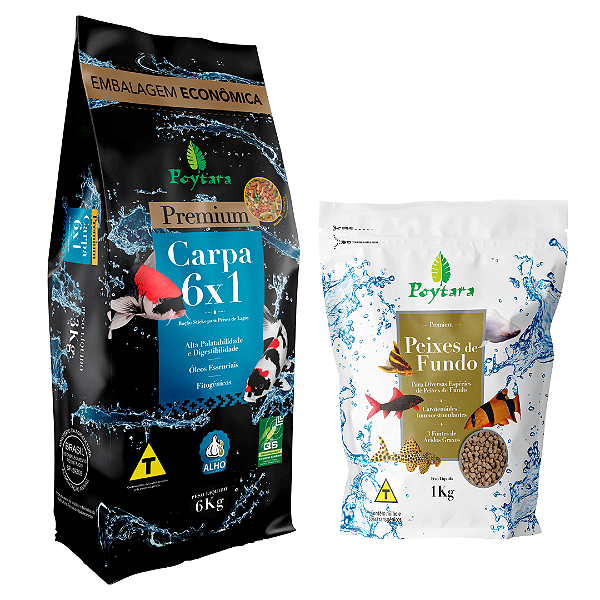 Ração Carpa 6x1 6kg + Ração Peixes De Fundo 1kg Poytara