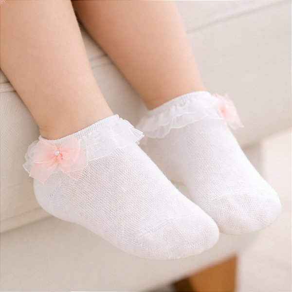 Meia Infantil Sapatilha de Algodão com Renda de Voal e Laço