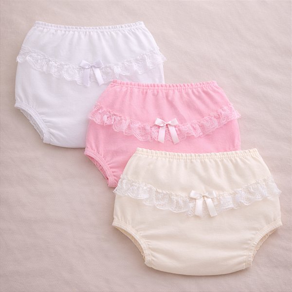 Calcinha Infantil com renda e aplicações variadas - Kit com 3 peças