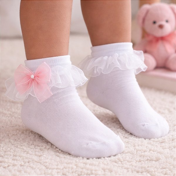 Meia Infantil com Renda de Voal e Laço