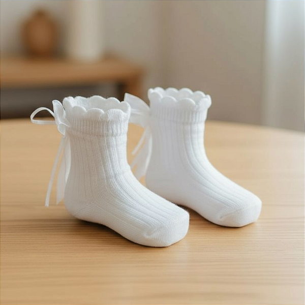 Meia Infantil de Algodão Cano Médio Canelada com Laço e Voal