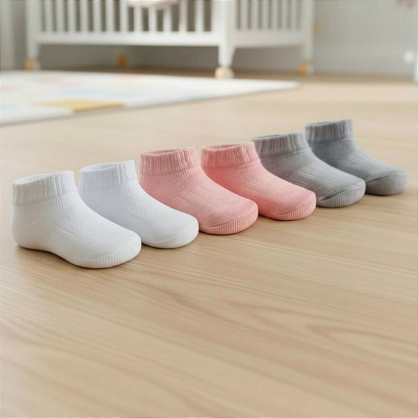 Meia Infantil de Algodão Sapatilha Esportiva - Kit com 3 pares