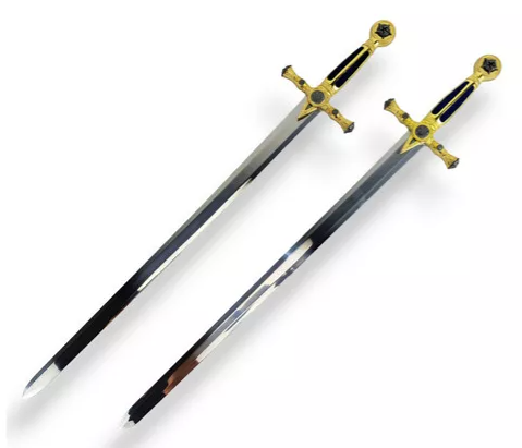 Espada Maçônica Dupla Azul em Aço Com Suporte De Parede 74cm