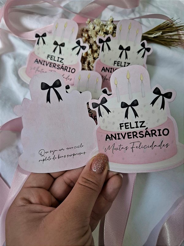 Sem personalizar - 20un Postal Bolo Rosa - Aniversário - FULL