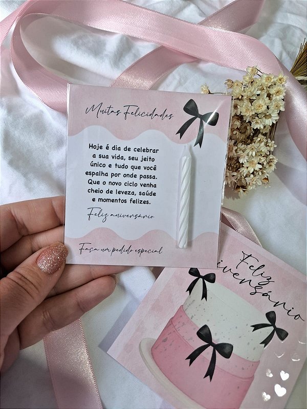 Sem personalizar - 10 Un Postal + Mini vela Feliz Aniversário Rosa - FULL