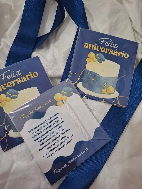 Sem personalizar - 10 Un Postal + Mini vela Feliz Aniversário Azul - FULL