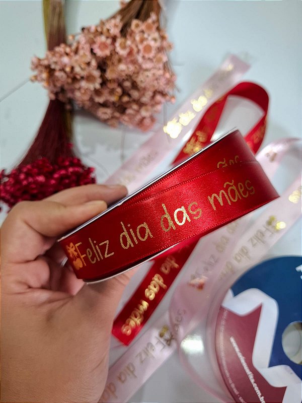 Fita Cetim 22mm - Cerejas - Dia das Mães - Impressão DOURADA ♥