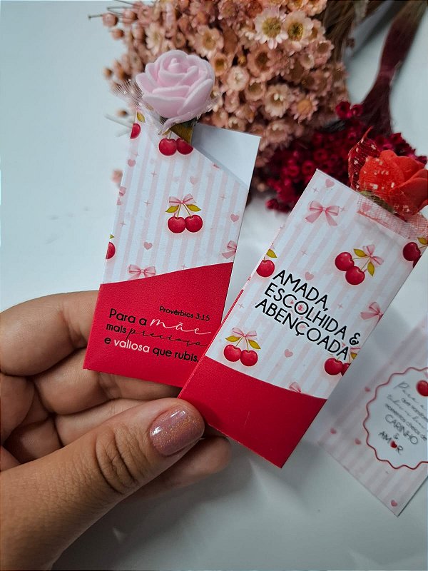 PERSONALIZADO - 25 Mini Lixas Botão de Rosa - Cerejas - Dia das Mães