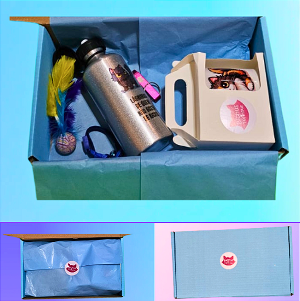 Kit gatos azul: Squeeze aluminio, caneca, chaveiro, coleira para identificação, brinquedo e sacola ecobag . Escolha o tema.