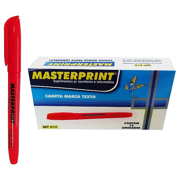 CANETA MARCA TEXTO COM PONTA CHANFRADA MASTERPRINT MP612 VERMELHO CAIXA COM 12 UNIDADES