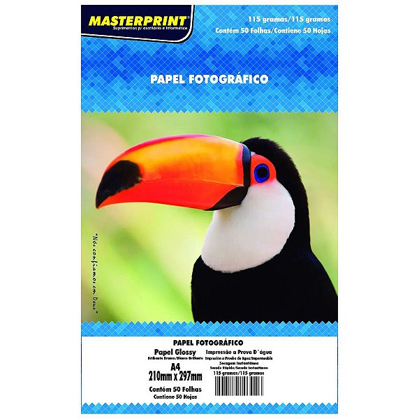 PAPEL FOTOGRÁFICO GLOSSY A4 115G BRANCO BRILHANTE MASTERPRINT COM 50 FOLHAS
