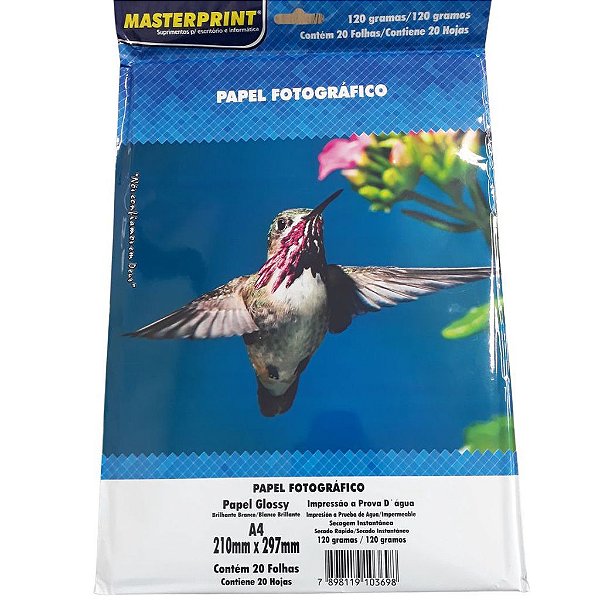 PAPEL FOTOGRÁFICO GLOSSY A4 120G BRANCO BRILHANTE MASTERPRINT COM 20 FOLHAS