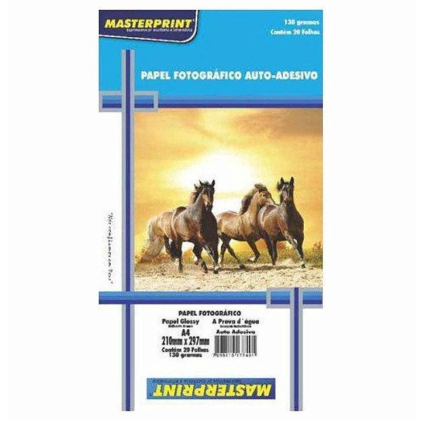 PAPEL FOTOGRÁFICO GLOSSY AUTO ADESIVO A4 130G BRANCO BRILHANTE MASTERPRINT COM 20 FOLHAS