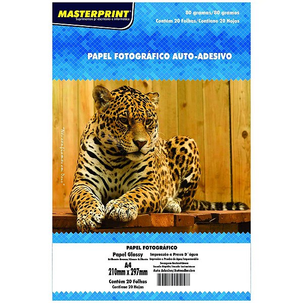 PAPEL FOTOGRÁFICO GLOSSY AUTO ADESIVO A4 80G MASTERPRINT COM 20 FOLHAS