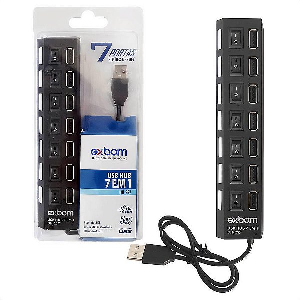 HUB USB 7 PORTAS 2.0 COM LEDS INDICADORES E BOTÕES ON/OFF INDIVIDUAIS EXBOM UH-2S7