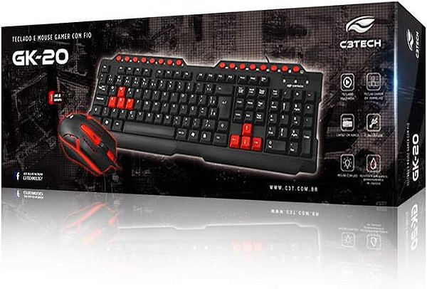 KIT TECLADO E MOUSE GAMER COM FIO USB GAMMING SERIES C3TECH GK20 PRETO/VERMELHO
