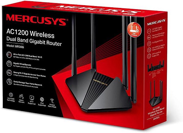 ROTEADOR WIRELESS DUAL BAND GIGABIT MERCUSYS AC1200 MR30G PRETO