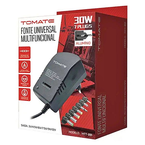 FONTE UNIVERSAL MULTIFUNCIONAL 30W 3V-12V PLUGUES BIVOLT 100V-240V TOMATE MTT-001