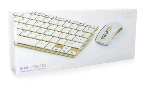 KIT MINI TECLADO E MOUSE WIRELESS BMAX BM-3910 BRANCO/DOURADO