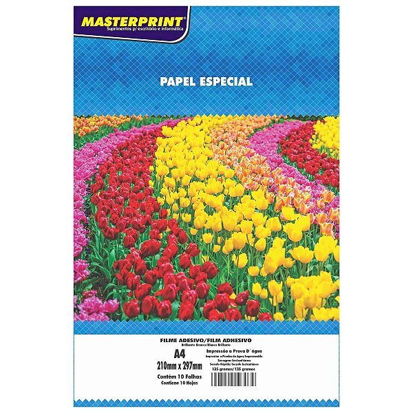 PAPEL ESPECIAL FILME ADESIVO VINIL A4 135G BRANCO BRILHANTE MASTERPRINT COM 10 FOLHAS