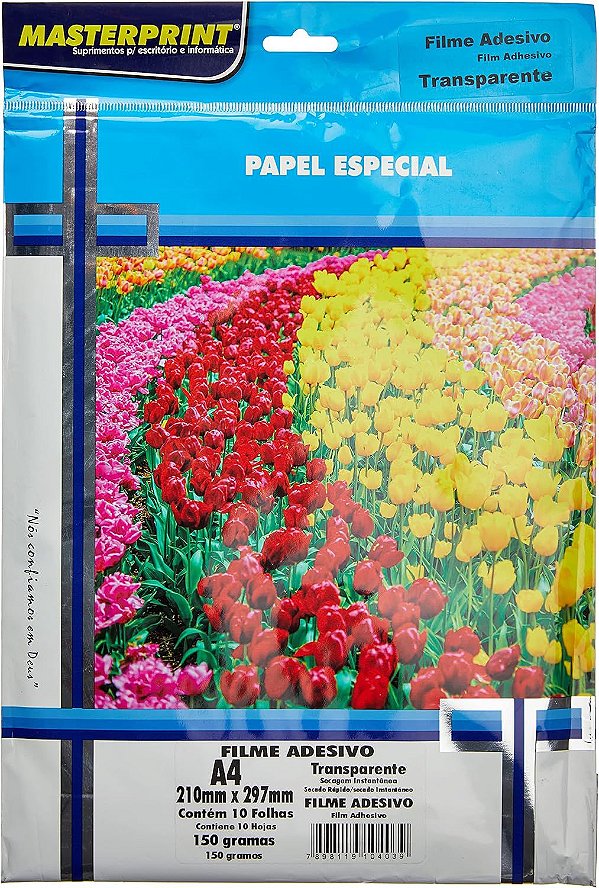 PAPEL ESPECIAL FILME ADESIVO A4 150G TRANSPARENTE MASTERPRINT COM 10 FOLHAS