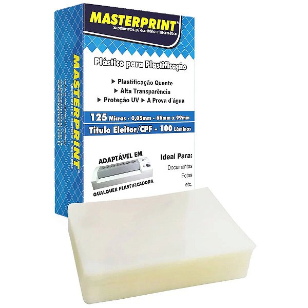 PLÁSTICO PARA PLASTIFICAÇÃO CPF 66x99 125 MICRAS MASTERPRINT COM 100 LÂMINAS