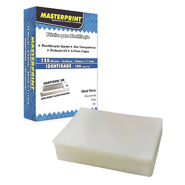 PLÁSTICO PARA PLASTIFICAÇÃO RG 80x111 125 MICRAS MASTERPRINT COM 100 LÂMINAS