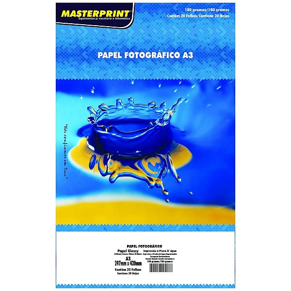 PAPEL FOTOGRÁFICO GLOSSY A3 180G BRANCO BRILHANTE MASTERPRINT COM 20 FOLHAS
