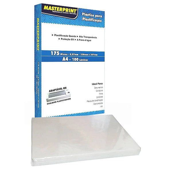 PLÁSTICO PARA PLASTIFICAÇÃO A4 175 MICRAS 0,07 MASTERPRINT COM 100 LÂMINAS