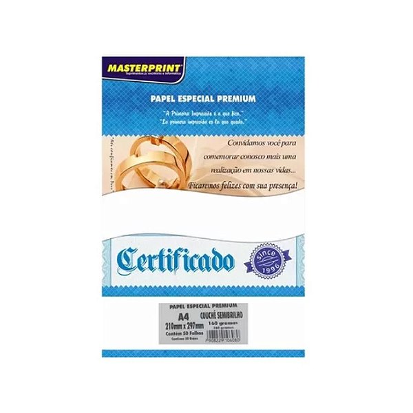 PAPEL ESPECIAL PREMIUM A4 160G COUCHÊ SEMIBRILHO MASTERPRINT COM 50 FOLHAS
