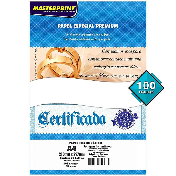PAPEL FOTO MATTE FOSCO 108G A4 MASTERPRINT COM 100 FOLHAS