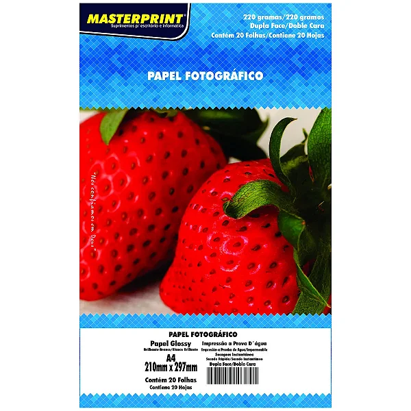 PAPEL FOTO GLOSSY DUPLA FACE 220G A4 MASTERPRINT COM 20 FOLHAS