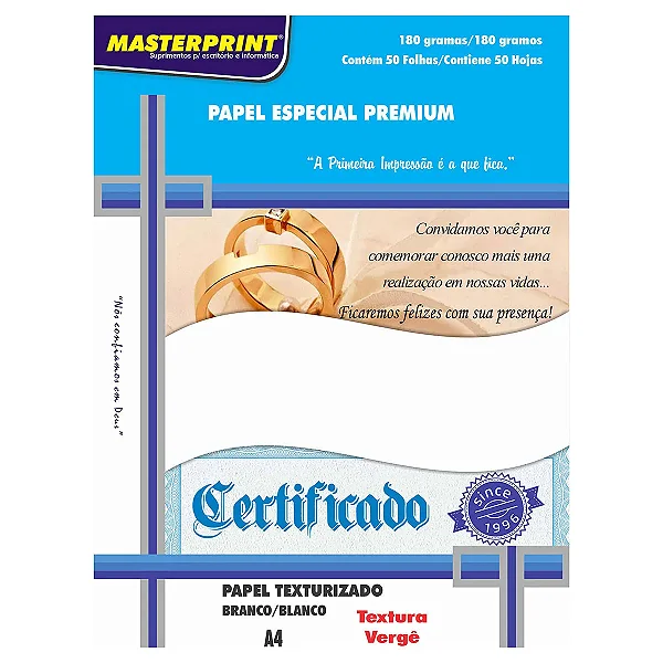 PAPEL VERGÊ TEXTURIZADO 180G A4 MASTERPRINT COM 50 FOLHAS