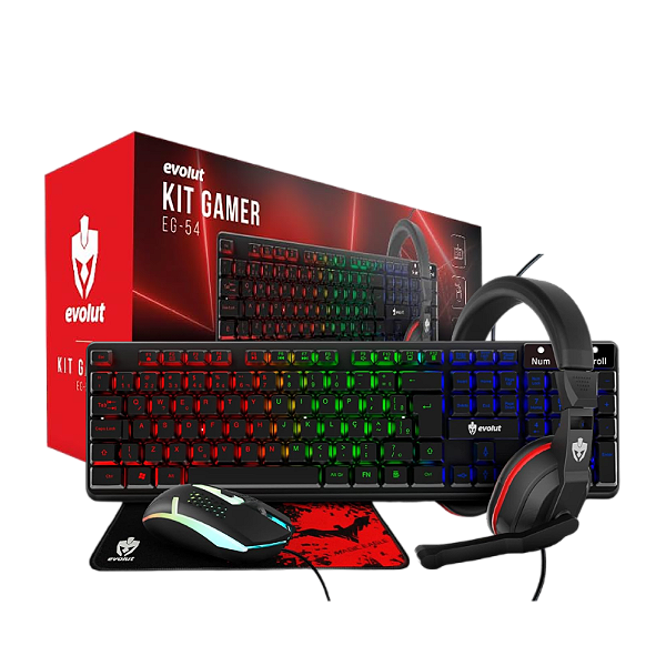 KIT GAMER STARTER TECLADO, MOUSE, MOUSEPAD E HEADSET EG54 EVOLUT PRETO E VERMELHO