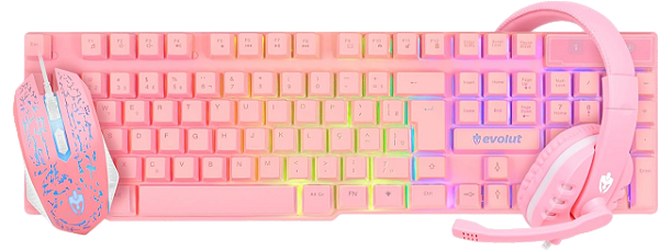 KIT GAMER STARTER TECLADO, MOUSE E HEADSET EVOLUT EG53 ROSA