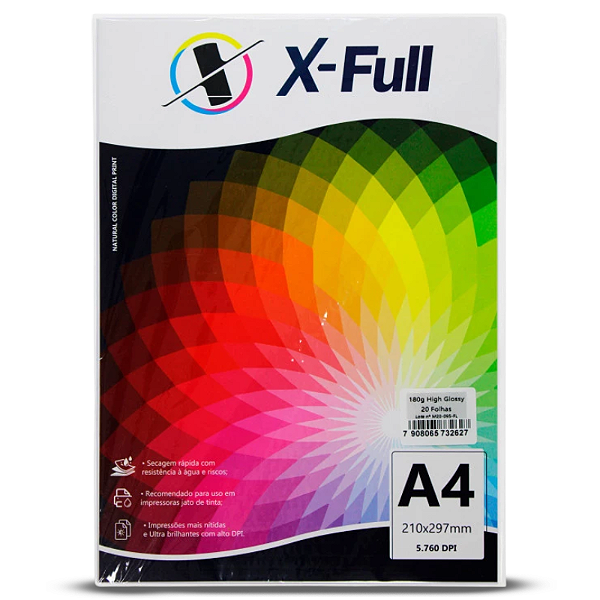 PAPEL FOTOGRÁFICO HIGH GLOSSY A4 180G X-FULL COM 20 FOLHAS