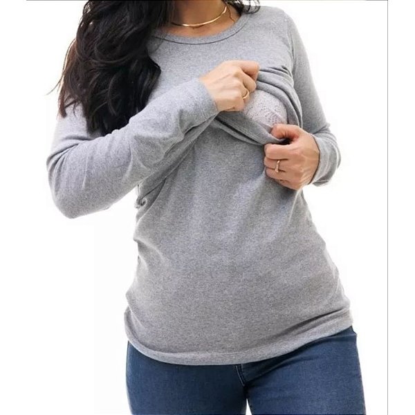 Blusinha T-shirts Camiseta de Amamentação Gestante Manga Longa