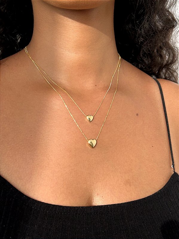 Colar Duplo Coração Liso Banhada a Ouro 18k - COR013