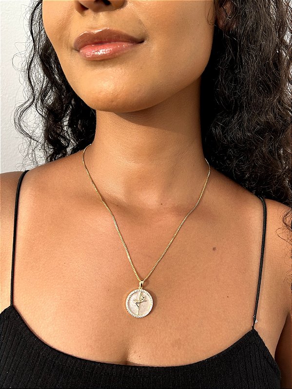 Colar Pingente Fé Circulo Cravejado Banhado a Ouro 18k COR015-PIN002