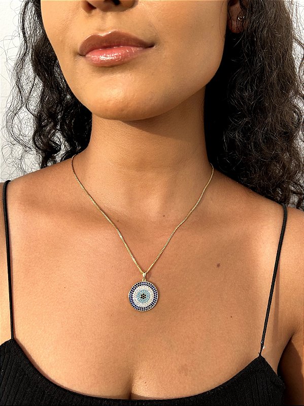 Colar Pingente Olho Grego Cravejado Banhado a Ouro 18k COR015-PIN001