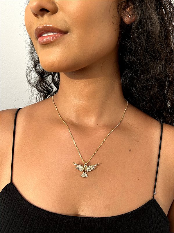 Colar Pingente Passaro Cravejado Banhado a Ouro 18k COR015-PIN012