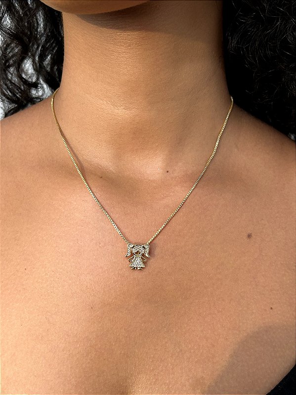 Colar Pingente Menina Cravejado Banhado a Ouro 18k COR015-PIN010
