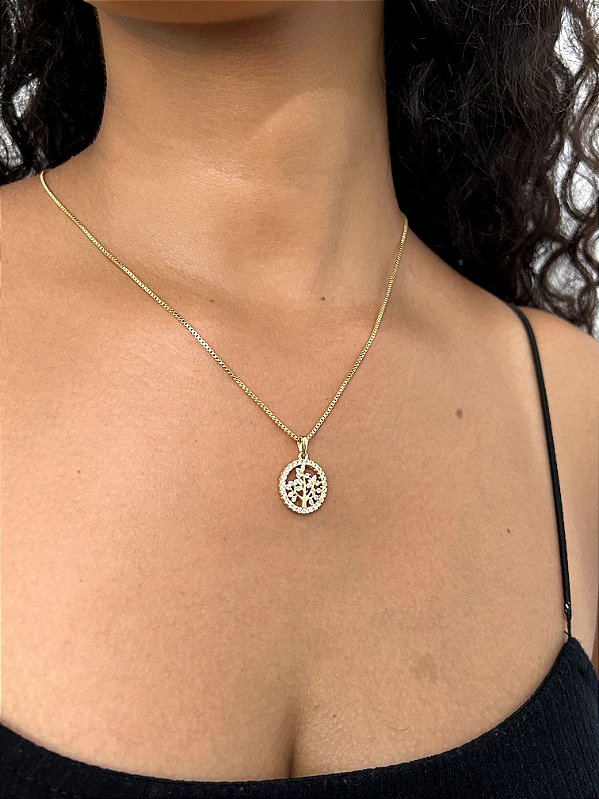 Colar Pingente Circulo Arvore Cravejado Banhado a Ouro 18k COR015-PIN008