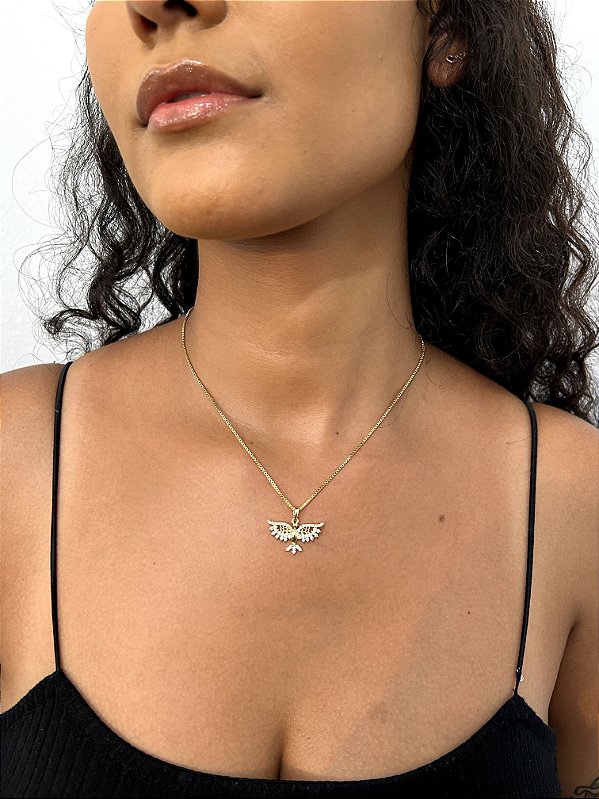 Colar Pingente Passaro Cravejado Banhado a Ouro 18k COR015-PIN003