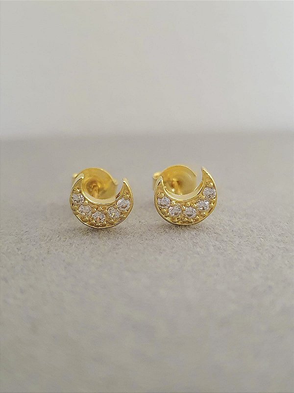 Brinco Lua Cravejado M Banhado a Ouro 18k - PRES004