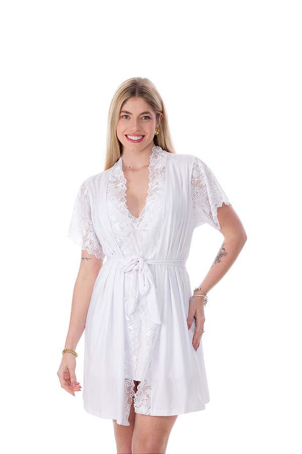 Robe de Manga Curta em Microfibra com Detalhes em Renda